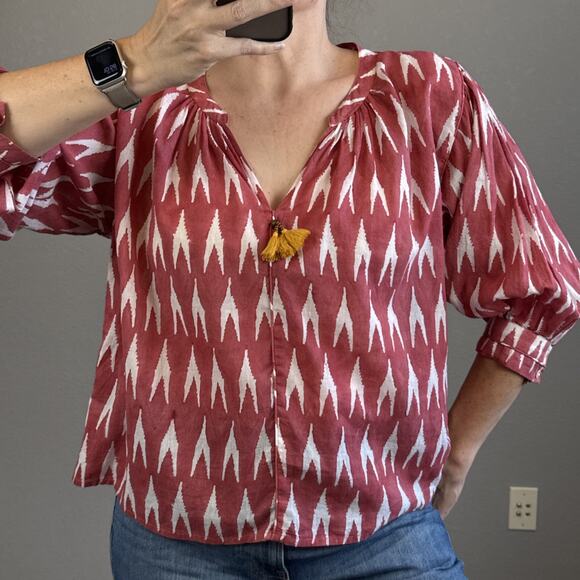 Roberta Roller Rabbit Pink White Ikat Top Shirt Size S Cotton V-Neck 3/4 Sleeve - Picture 1 of 9